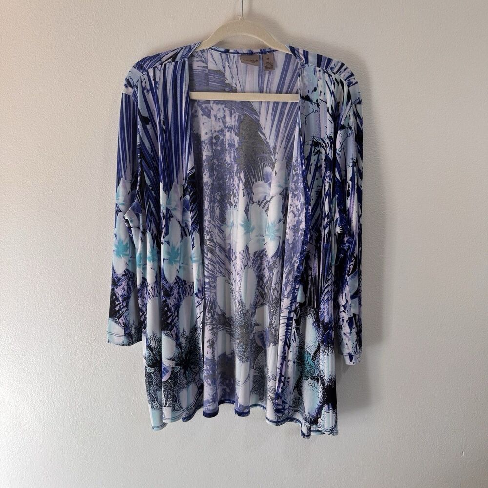 Easywear Chico's Cardigan Sweater 3 / XL Blue Floral Open Front Liquid Knit